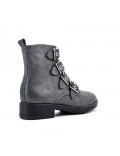 Gray leather ankle boot with buckled bridle