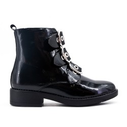 Bottine noire en vernis à bride bouclée