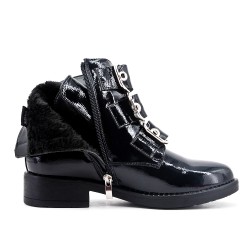 Black buckled patent ankle boot