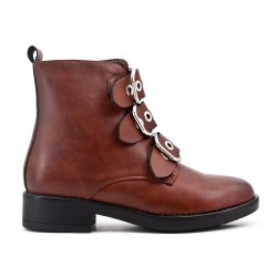 Bottine camel en simili cuir à bride bouclée