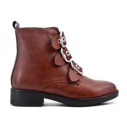 Camel leather ankle boot with buckled bridle