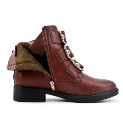 Bottine camel en simili cuir à bride bouclée
