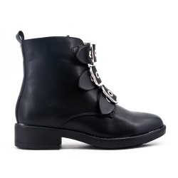 Black leather ankle boot with buckled bridle