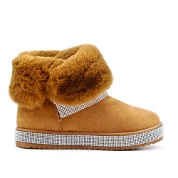 Furry camel boot with rhinestones