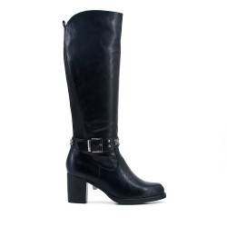 Black imitation leather boot with elasticated back panel