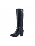 Black imitation leather boot with elasticated back panel