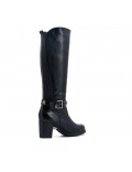 Black imitation leather boot with elasticated back panel