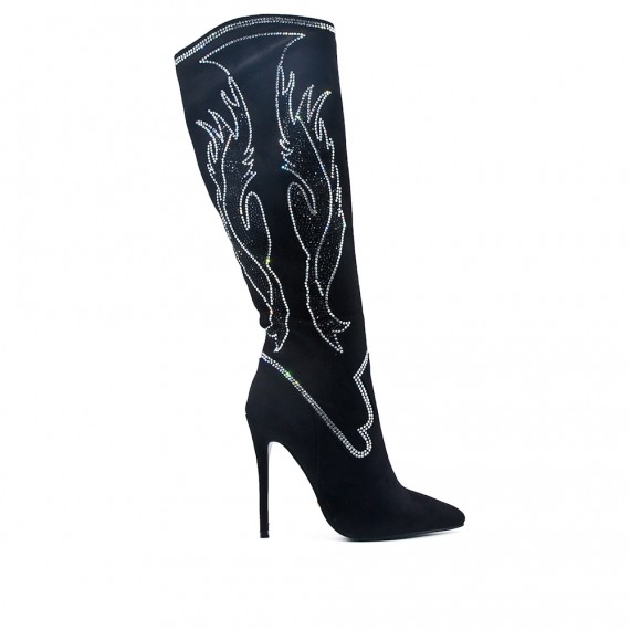 Bota negra con pedrería de tacón alto