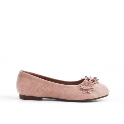 Ballerine fille beige en simili daim à fleur