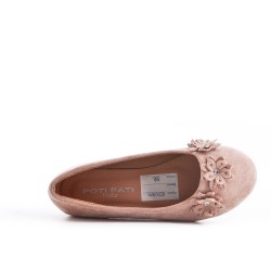 Ballerine fille beige en simili daim à fleur