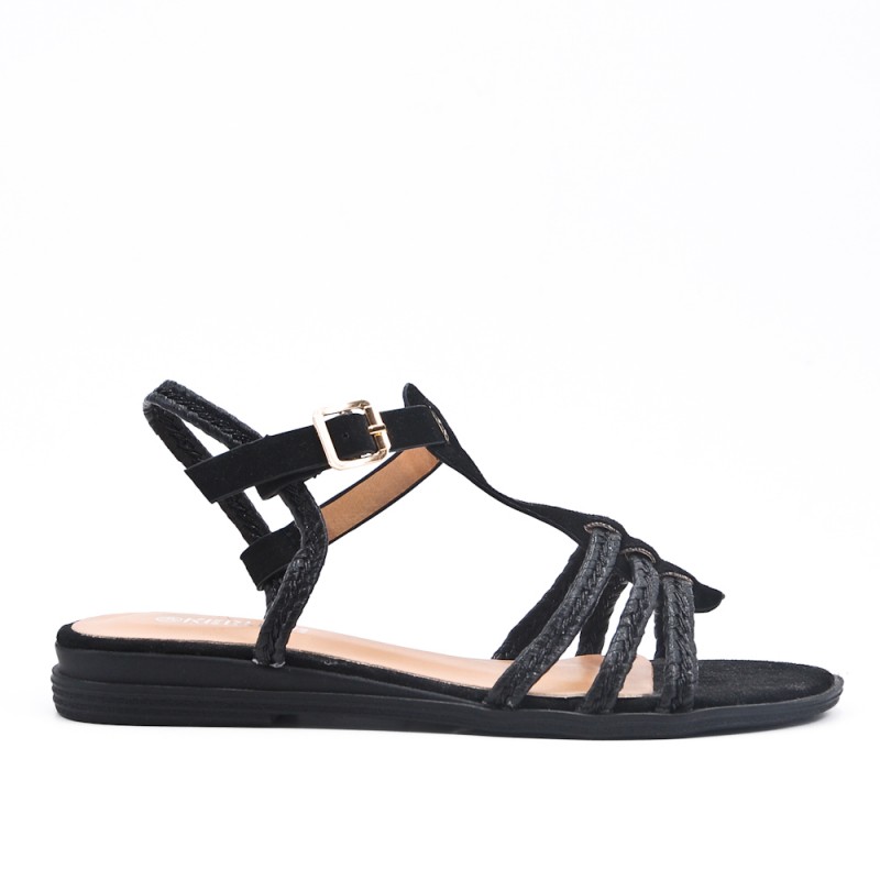 Sandalia Negra Trenzada Con Brida Plana 3LAj54R