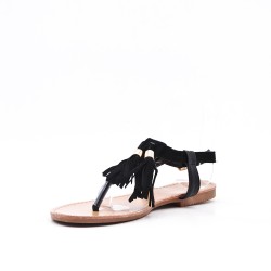 Sandale noire en simili daim à pompon