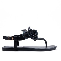 Black flat sandal with flowers