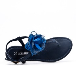 Sandale Tong plate bleu ornée de fleurs