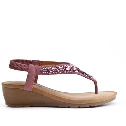 Pink sandal with rhinestones and small wedge